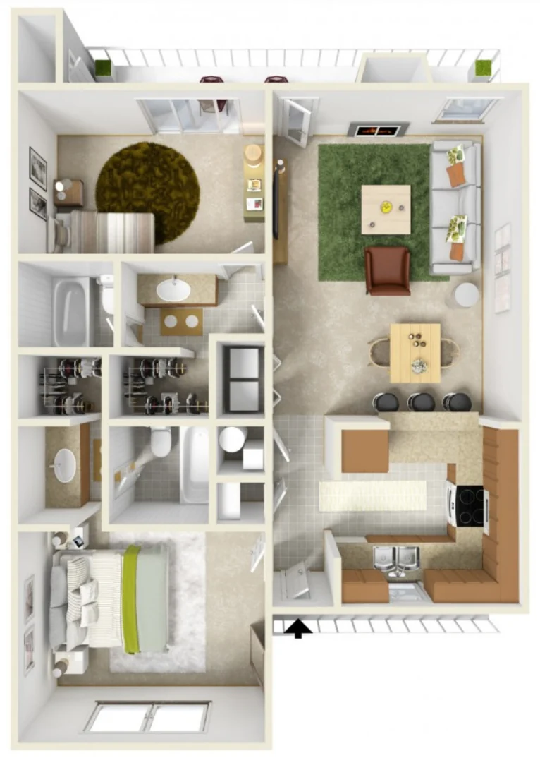 2 Bedroom 3D rendering