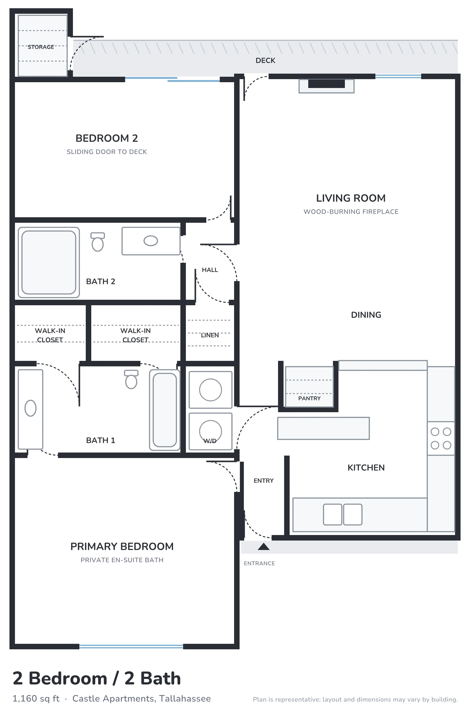 2 Bedroom floor plan, 2 bed / 2 bath, 1160 sq ft